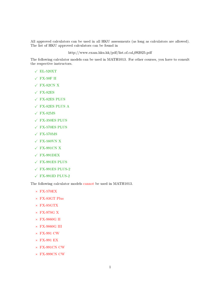 HKU Approved Calculator List for MATH1013 | PDF
