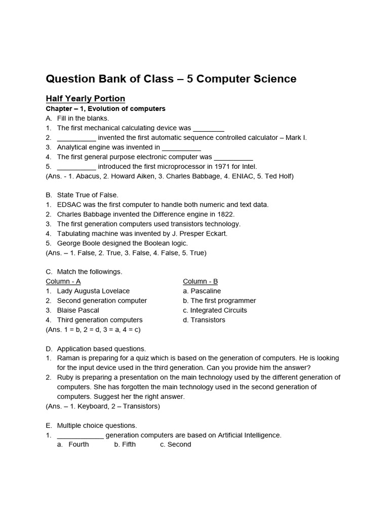 Class 5 Computer Science Question Bank | PDF | Computer Data Storage ...