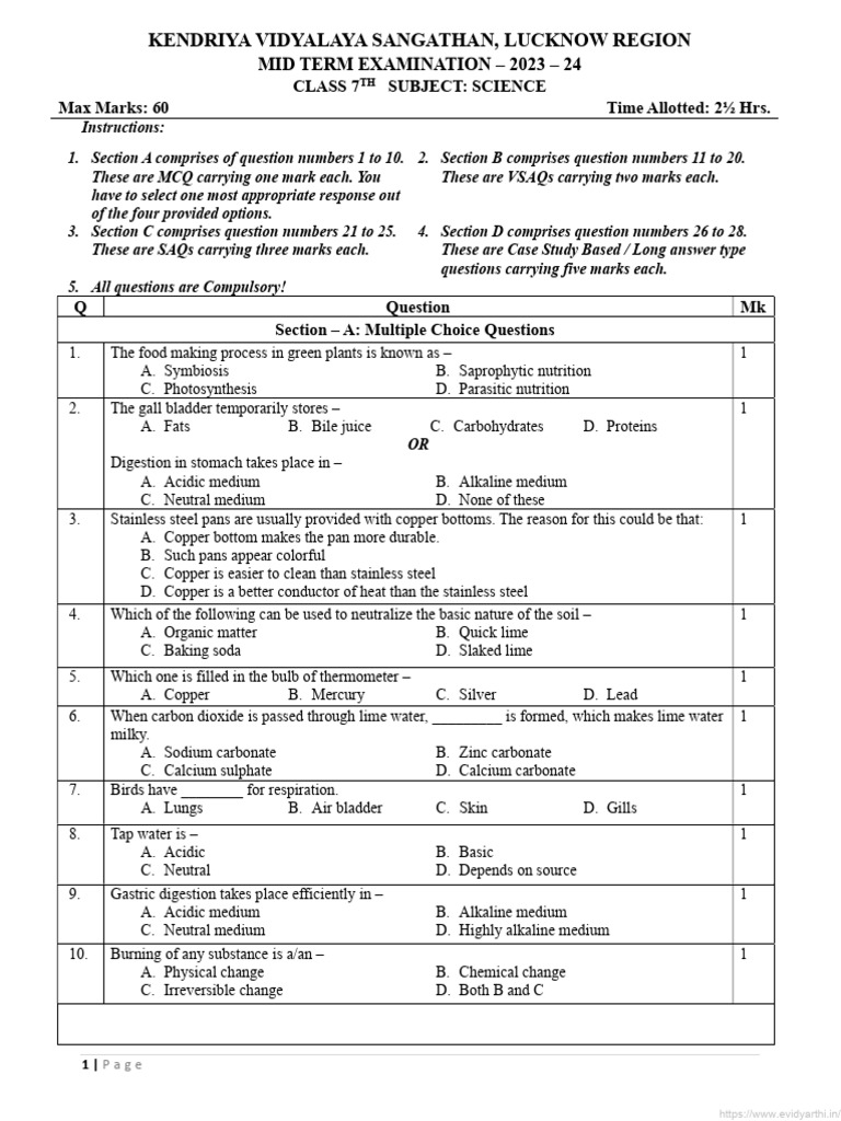Cbse Class 7 Science Previous Year Question Paper 2023 24 Term I | PDF ...