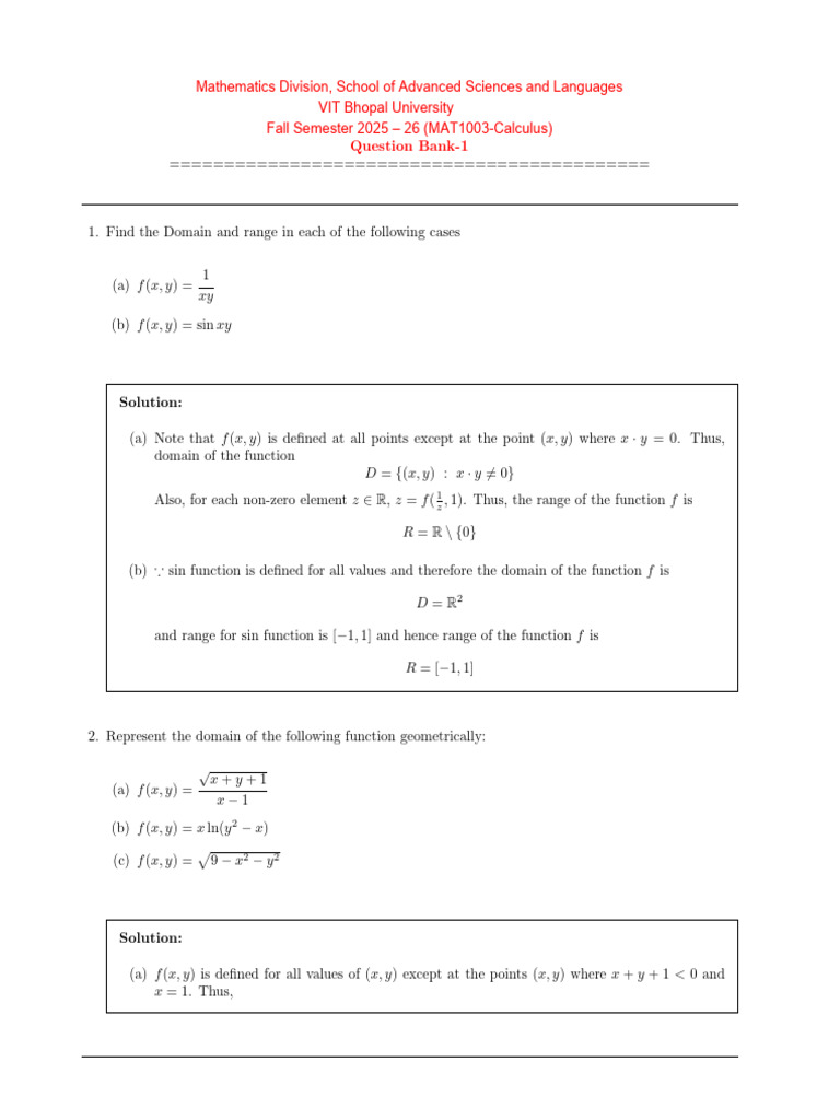 Question Bank (MAT1003) 1 | PDF | Function (Mathematics) | Elementary ...