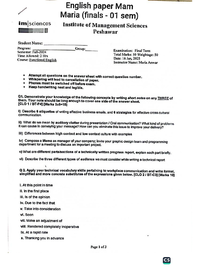 English Paper Mam Maria (Finals - 01 Sem) | PDF