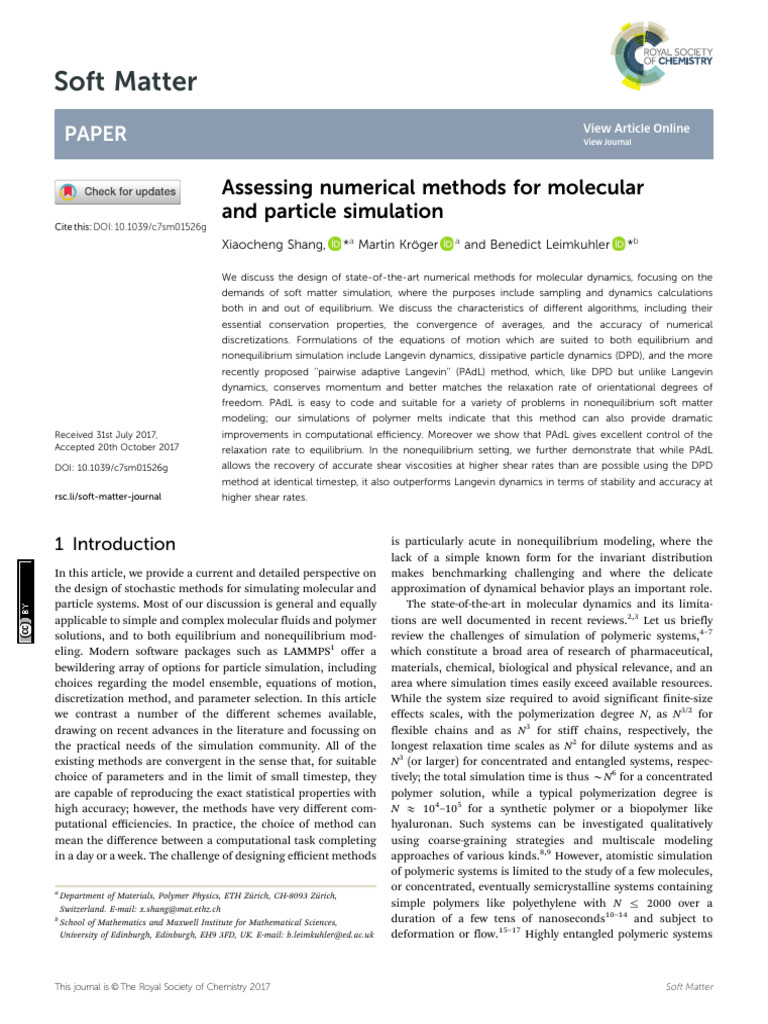 Numerical Methods for Soft Matter Simulation | PDF | Polymers ...