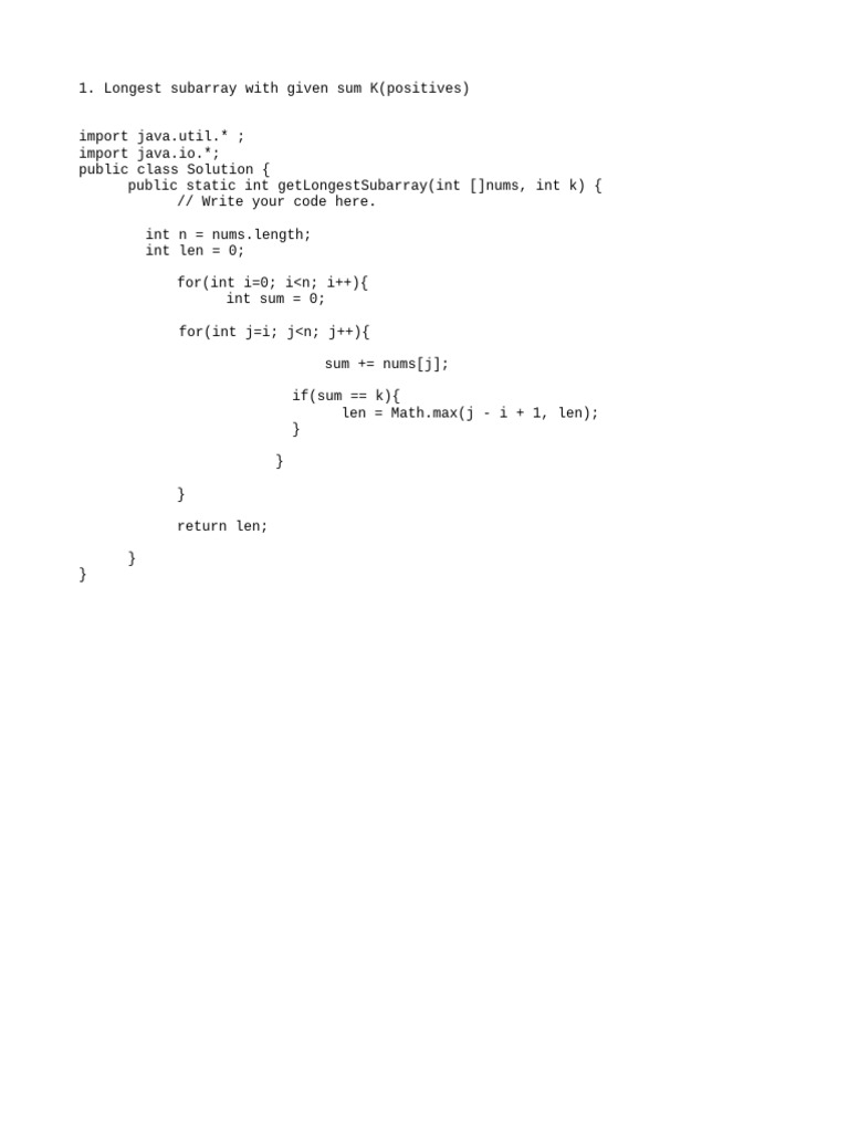 Longest Subarray with Sum K in Java | PDF