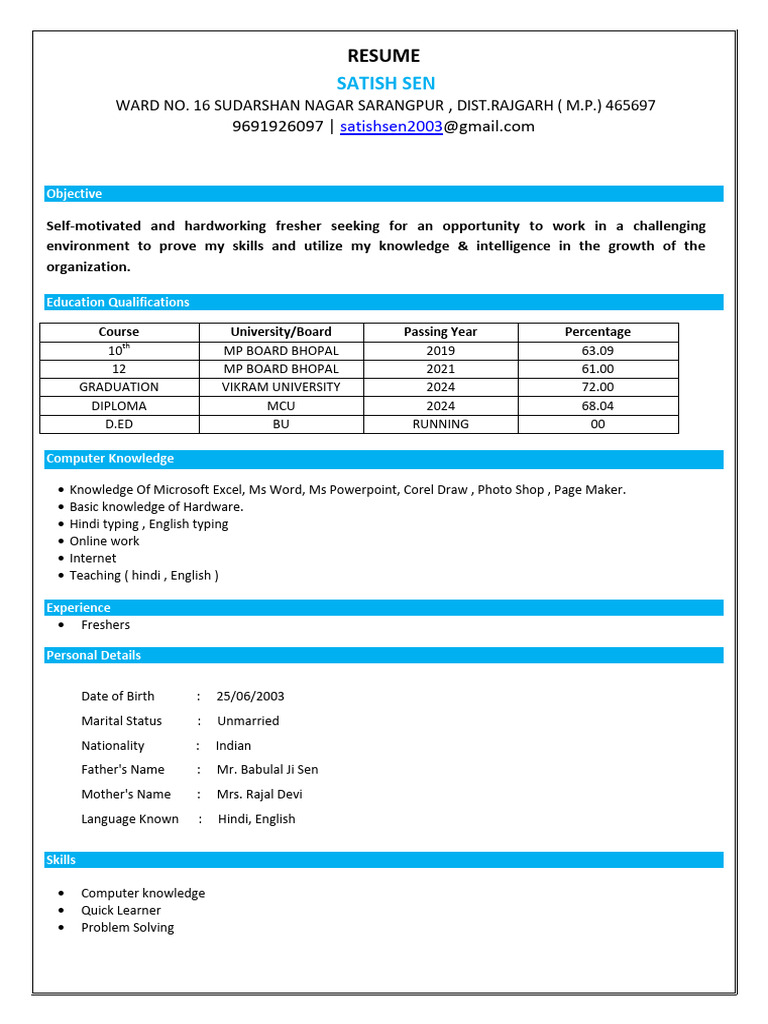 Satish Sen Resume PDF | PDF