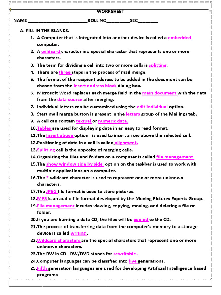 Computer Basics Worksheet for Students | PDF | Computer File | Computer ...