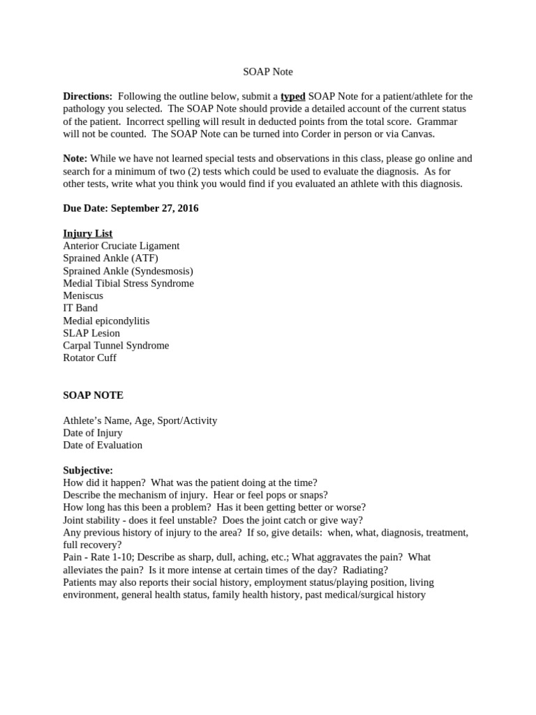 SOAP Note Template for Athletic Injuries | PDF | Musculoskeletal System ...