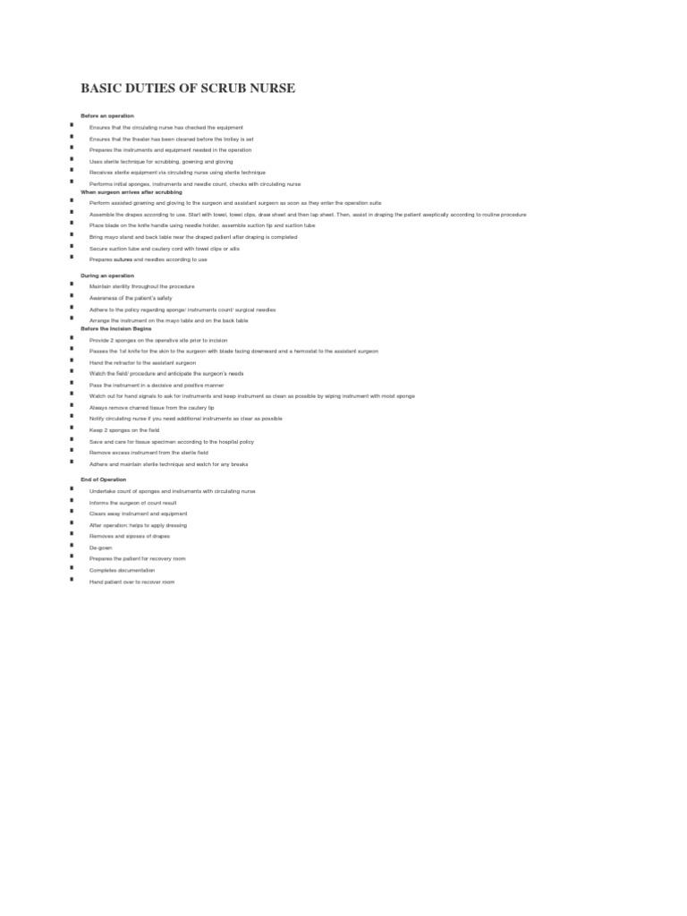 Basic Duties of Scrub Nurse PDF Surgery Medicine