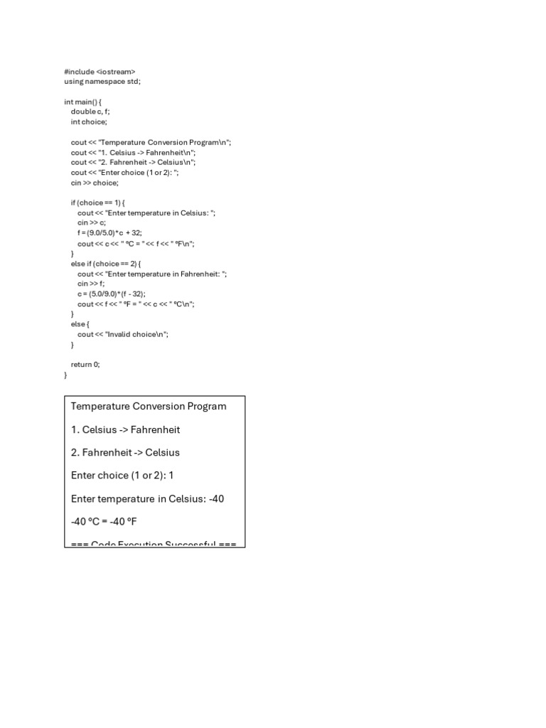 Temperature Conversion C++ Program | PDF