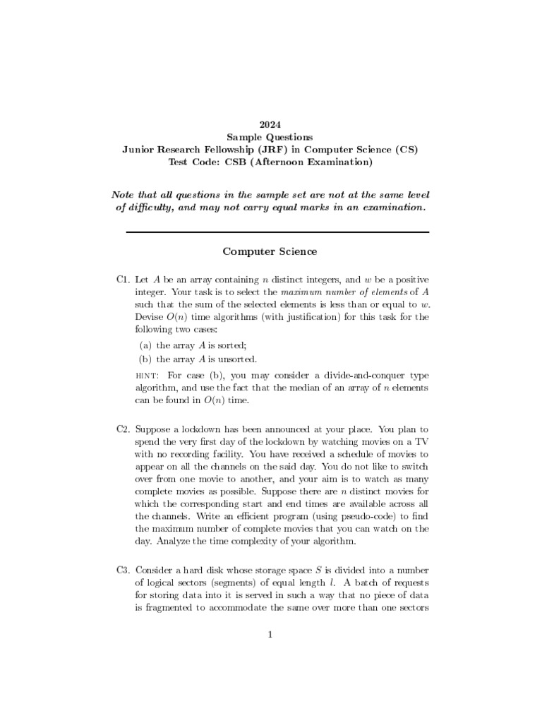 2024 JRF Computer Science Sample Questions | PDF | Cpu Cache | Central ...