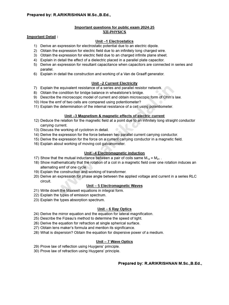 Important XII Physics Exam Questions 2024 | PDF | Optics ...