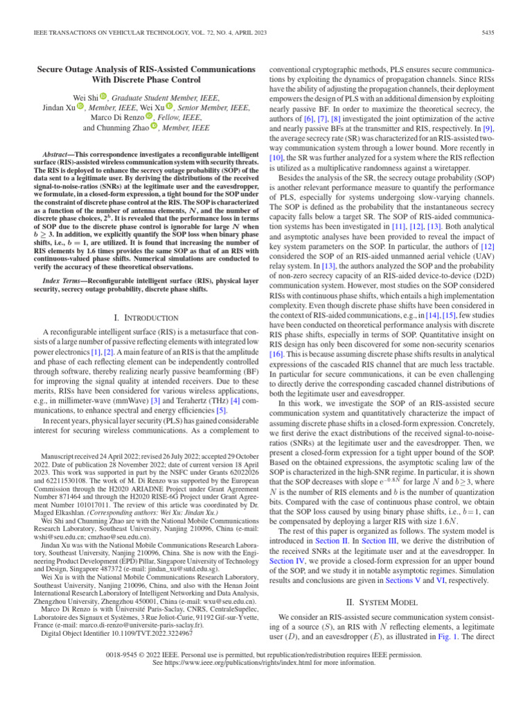 Secure Outage Analysis in RIS Communications | PDF | Signal To Noise ...
