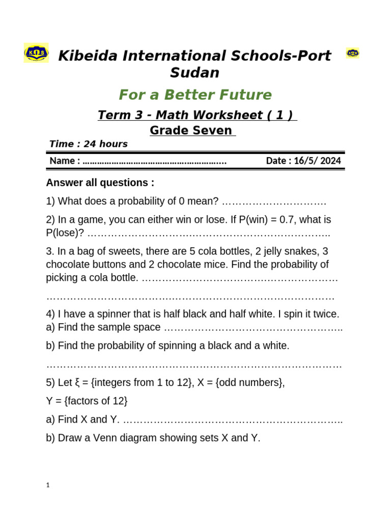 Worksheet 1 Math 7 Term 3 2024 | PDF