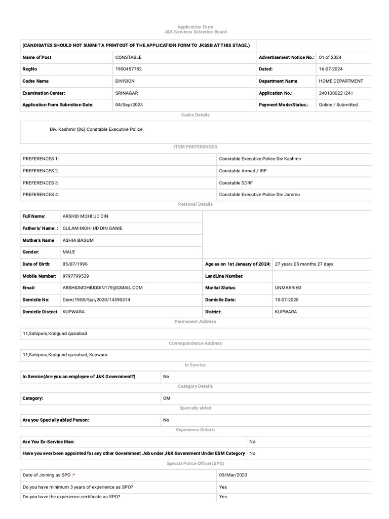 J&K Constable Application Form 2024 | PDF | Justice | Crime & Violence