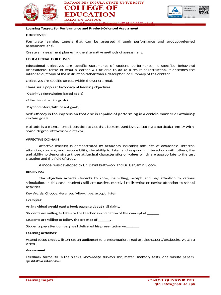 AIL2-2.Learning Targets Handouts | PDF | Learning | Knowledge