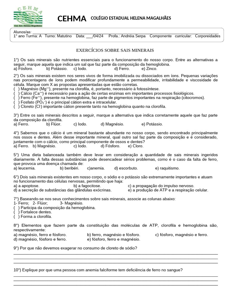 Exercícios sobre Sais Minerais para 1º Ano | PDF | Minerais | Química