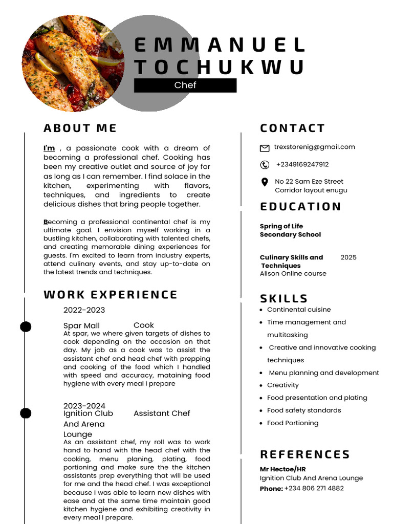 Emmanuel Tochukwu Destiny Chef CV | PDF | Chef | Cooking