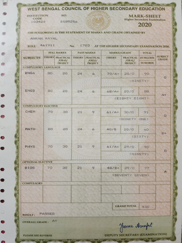 HS Marksheet for Ankan Kayal | PDF | Secondary Education | Educational ...