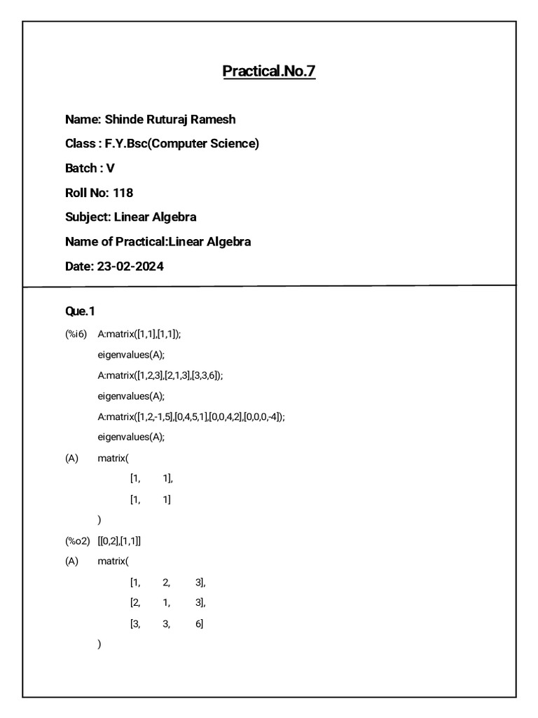Practical No 7 | PDF | Eigenvalues And Eigenvectors | Mathematical Analysis