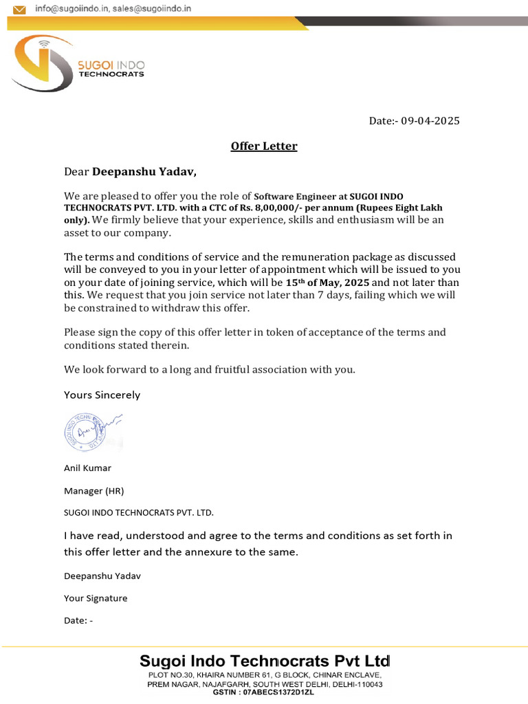 Software Engineer Offer Letter Template | PDF