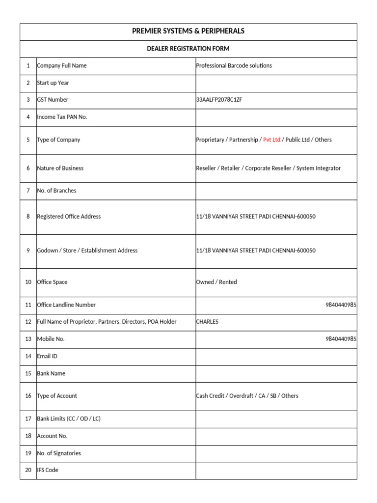 Dealer Registration Form for Premier Systems | PDF