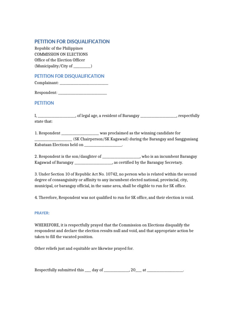 SK Disqualification Petition Template | PDF | Government