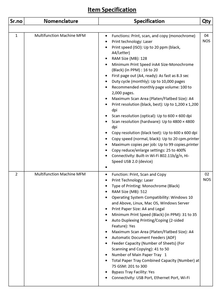 Item Specification for MFM | PDF | Image Scanner | Computer Architecture