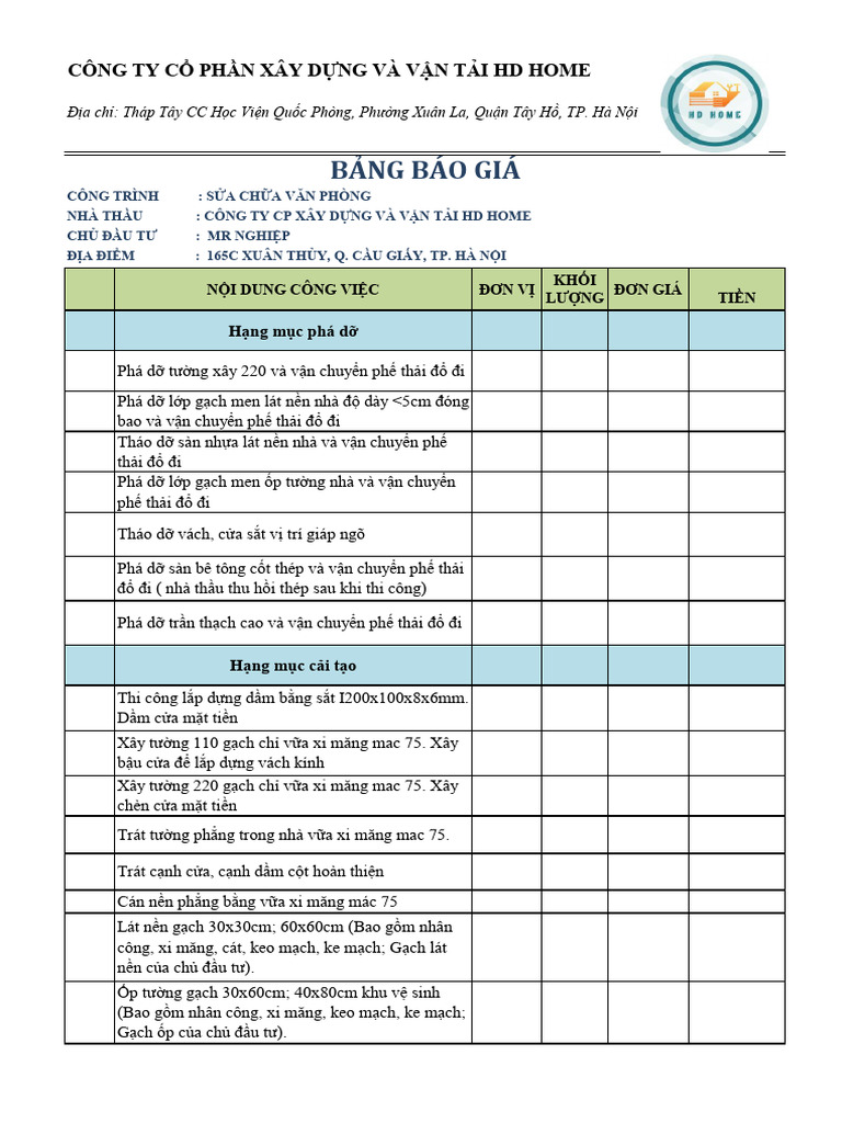 BÁO GIÁ THI CÔNG 165C Xuân Thủy lần 1 | PDF