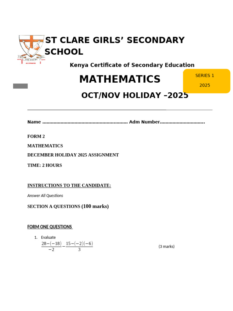 Form 2 Mathematics Holiday Assignment 2025 | PDF | Circle | Sphere