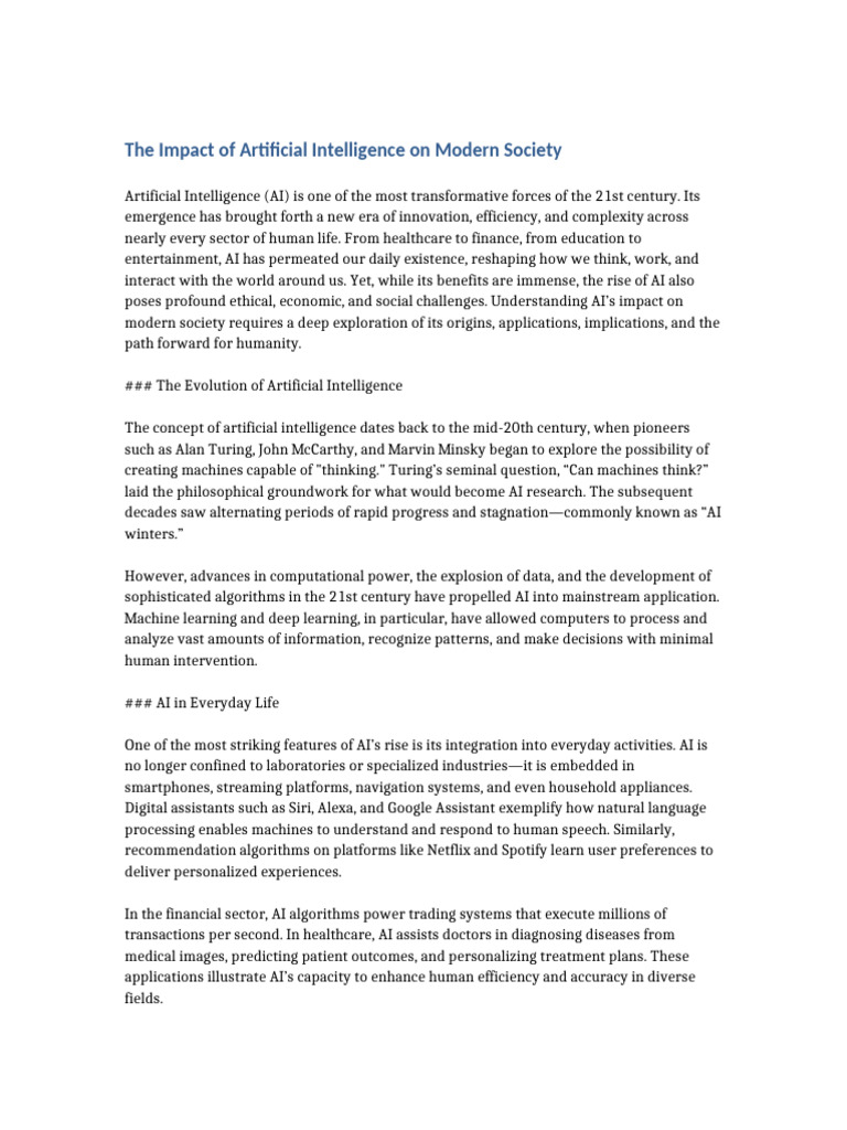 The Impact of Artificial Intelligence On Modern Society | PDF ...