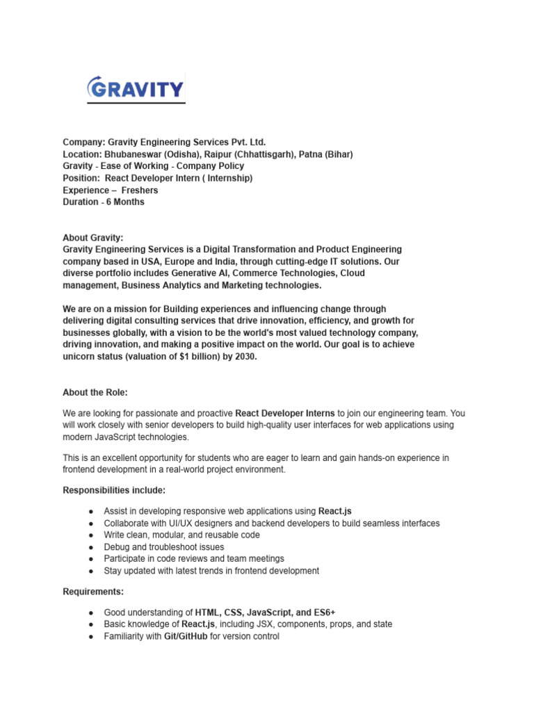 Job Description - React Developer Interns | PDF