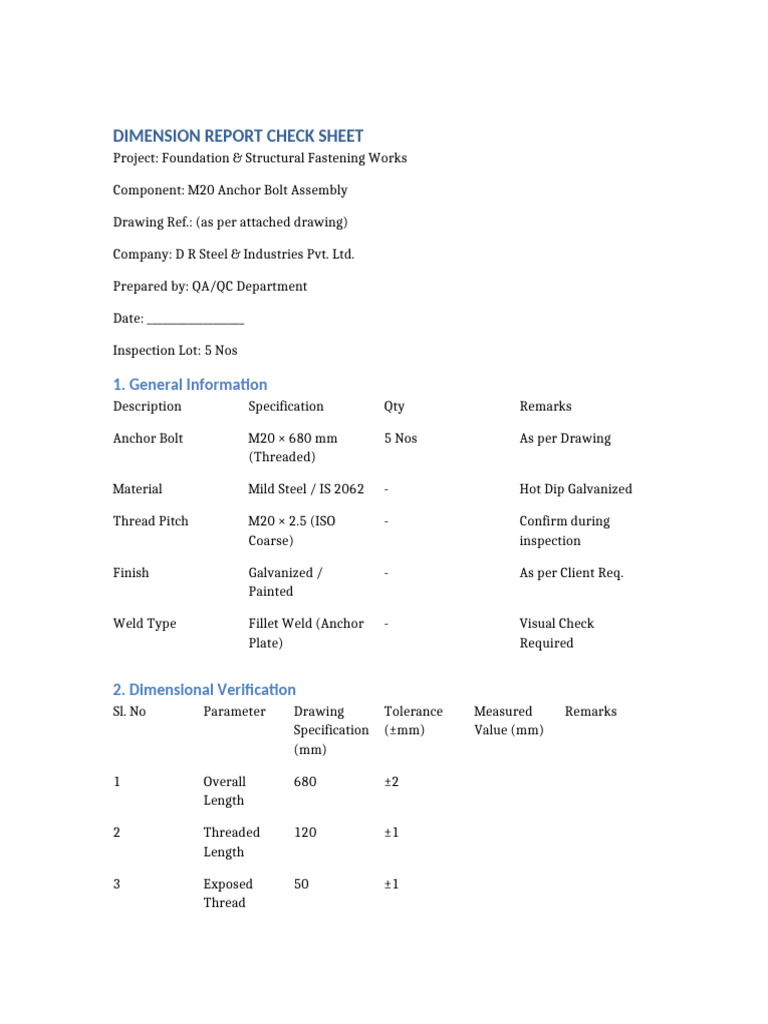 M20 Anchor Bolt Dimensions Report | PDF | Screw | Industrial Processes