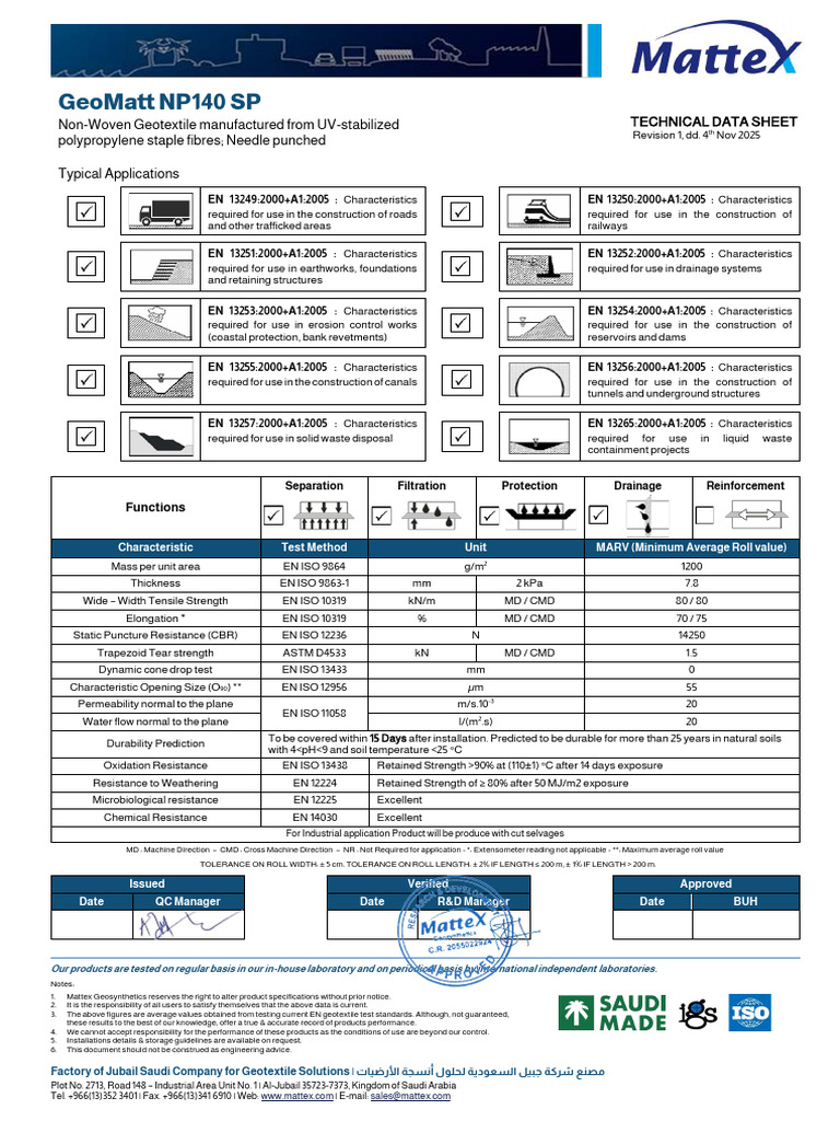 GeoMatt NP140 SP Geotextile Data Sheet | PDF