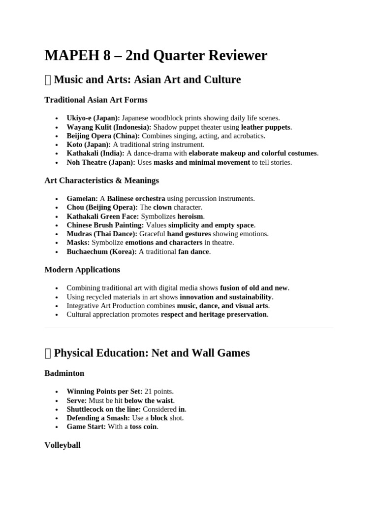 2nd QTR MAPEH 8 Reviewer | PDF | Volleyball | Theatre