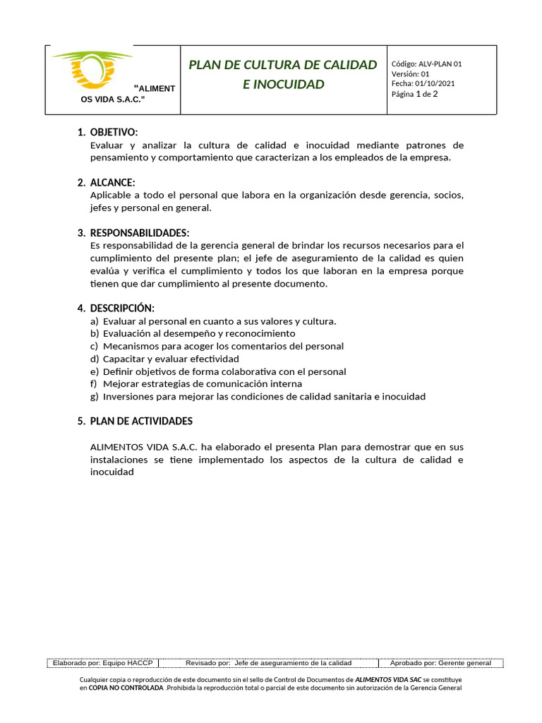 Plan de Calidad e Inocuidad Alimentaria | PDF