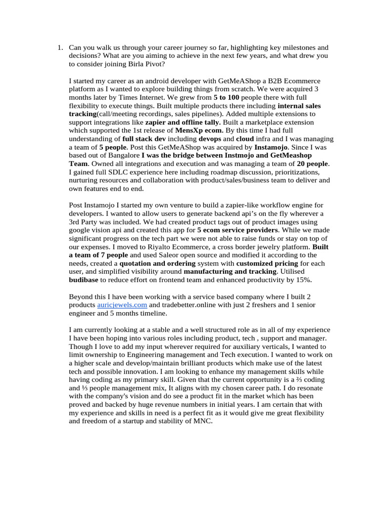 Questionnaire For EM - Birla Pivot | PDF | Business