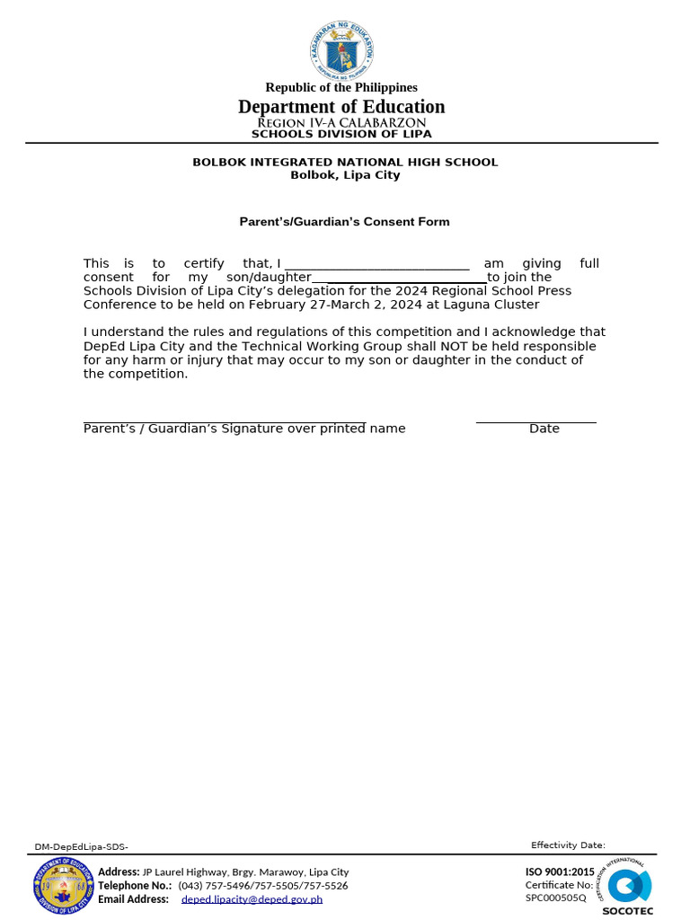 Parent Consent Form for Lipa School Event | PDF