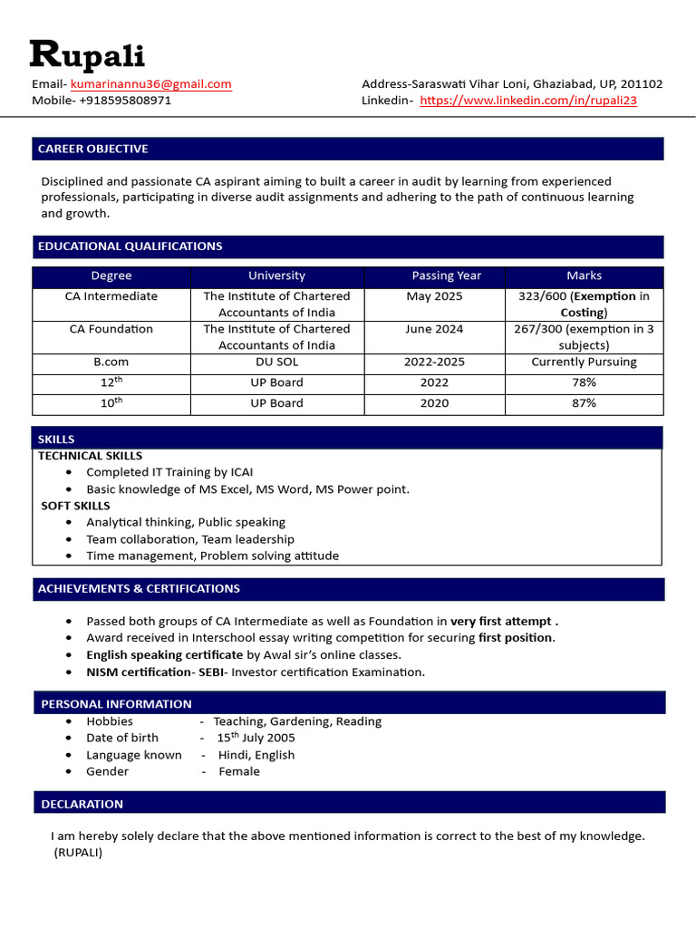 CA Aspirant Rupali's Resume Overview | PDF