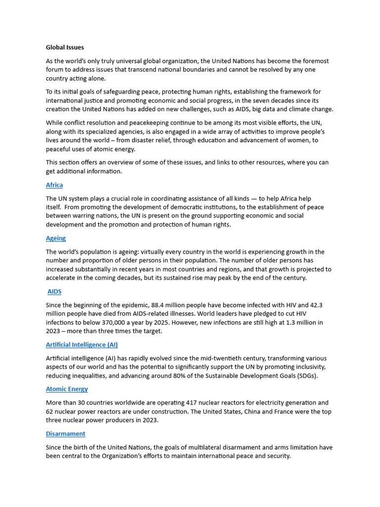 Overview of Global Issues Addressed by UN | PDF | Peacebuilding ...