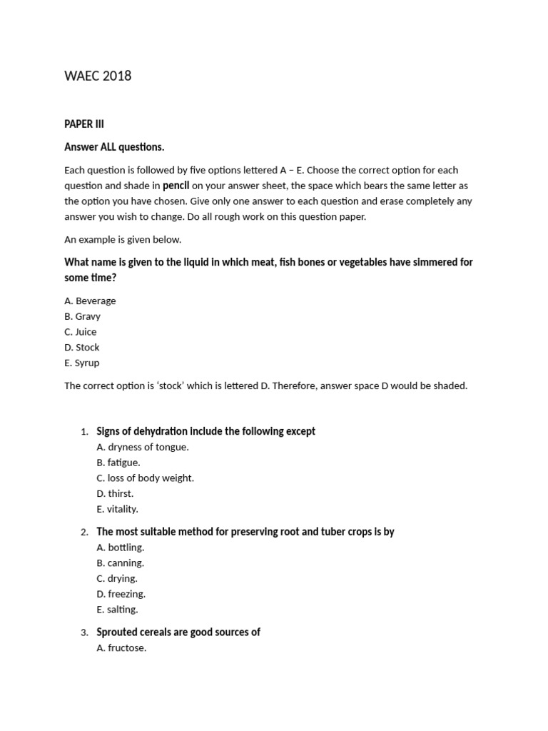 WAEC 2018 Food and Nutrition Exam Questions | PDF | Foods | Cooking