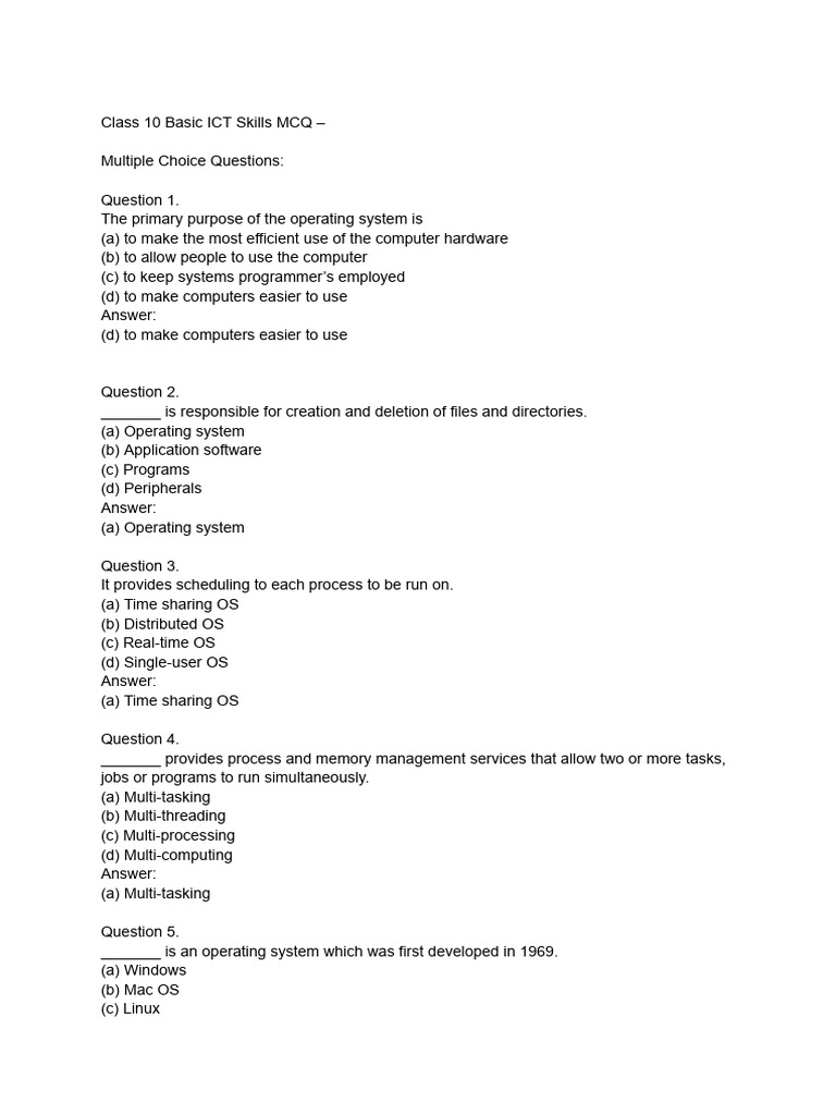 Class 10 ICT Skills MCQ Quiz | PDF | Graphical User Interfaces ...