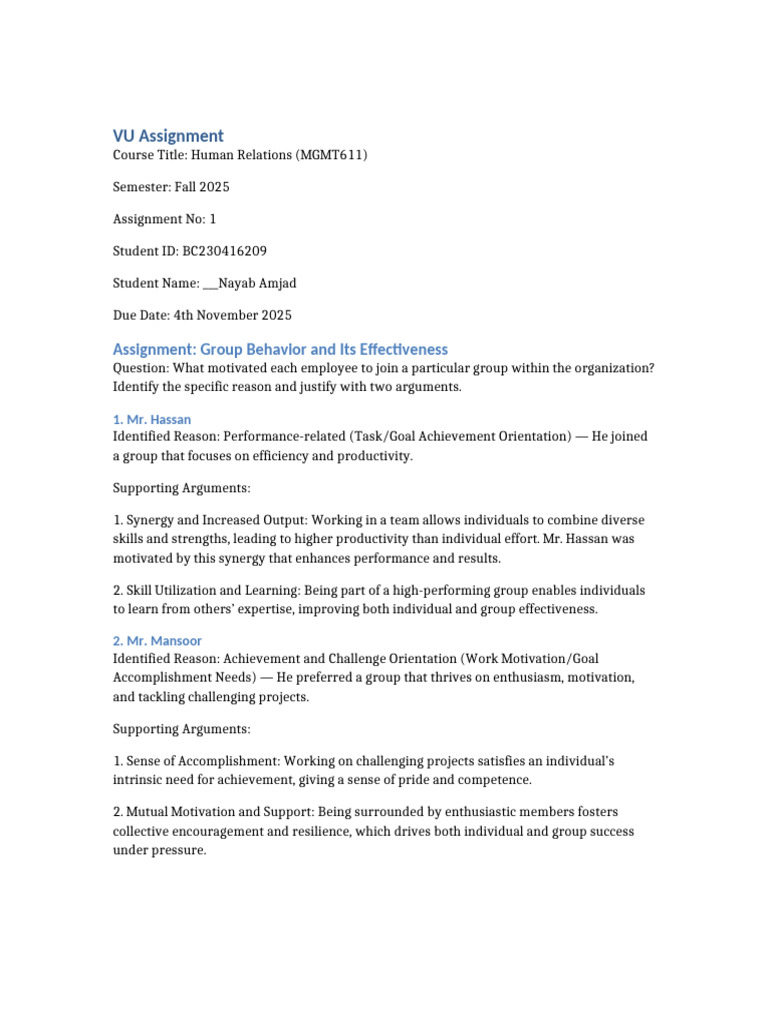 MGMT611 Assignment1 BC230416209 | PDF | Motivational | Motivation