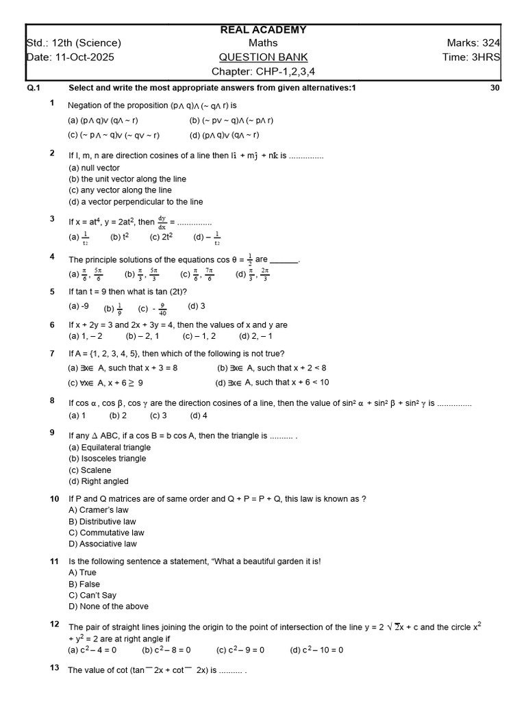 12 TH Maths Preliminary Question Bank | PDF | Mathematics | Algebra