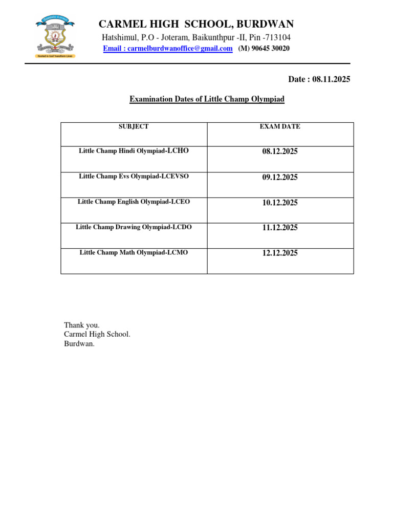 Little Champ Olympiad Exam Dates 2025 | PDF
