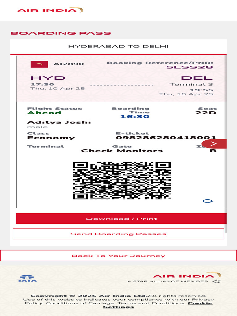 Air India Boarding Pass: HYD to DEL | PDF