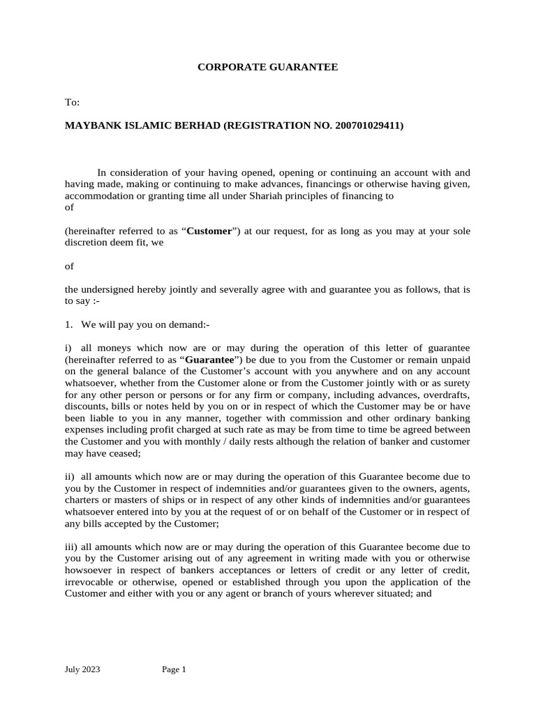 Corporate Guarantee Agreement Template | PDF | Guarantee | Indemnity