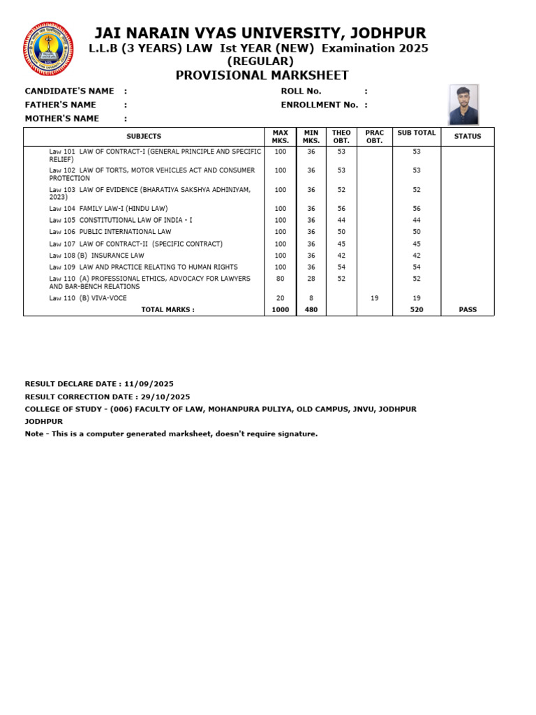 JNVU LLB 1st Year Provisional Marksheet | PDF