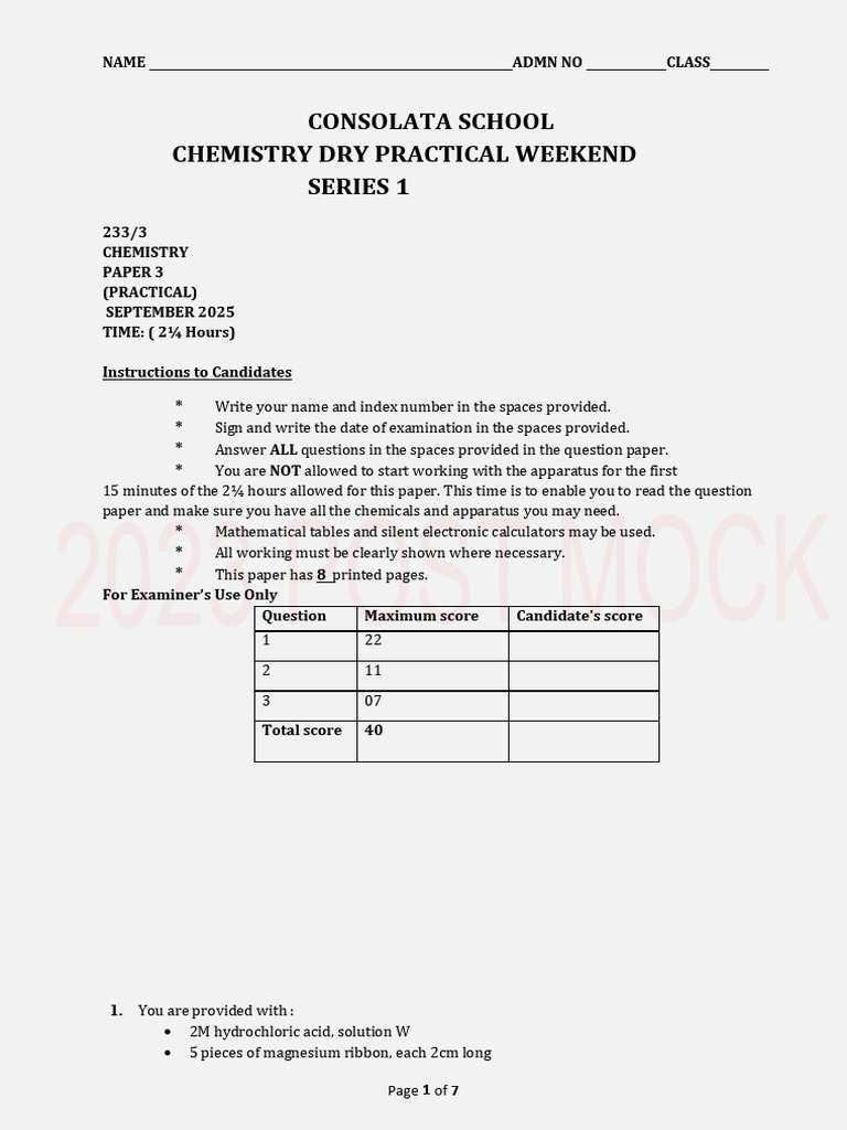 Week One Chemistry Dry Practical Series 1 Form Four | PDF ...