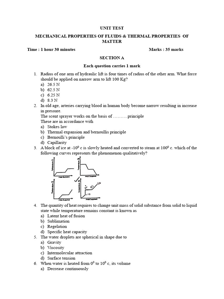 Unit Test on Fluid Mechanics and Thermal Properties | PDF | Thermal ...