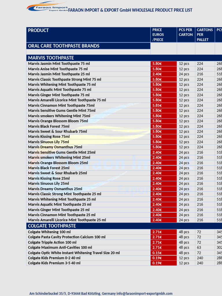FARAON Wholesale Toothpaste Price List | PDF | Tooth Enamel