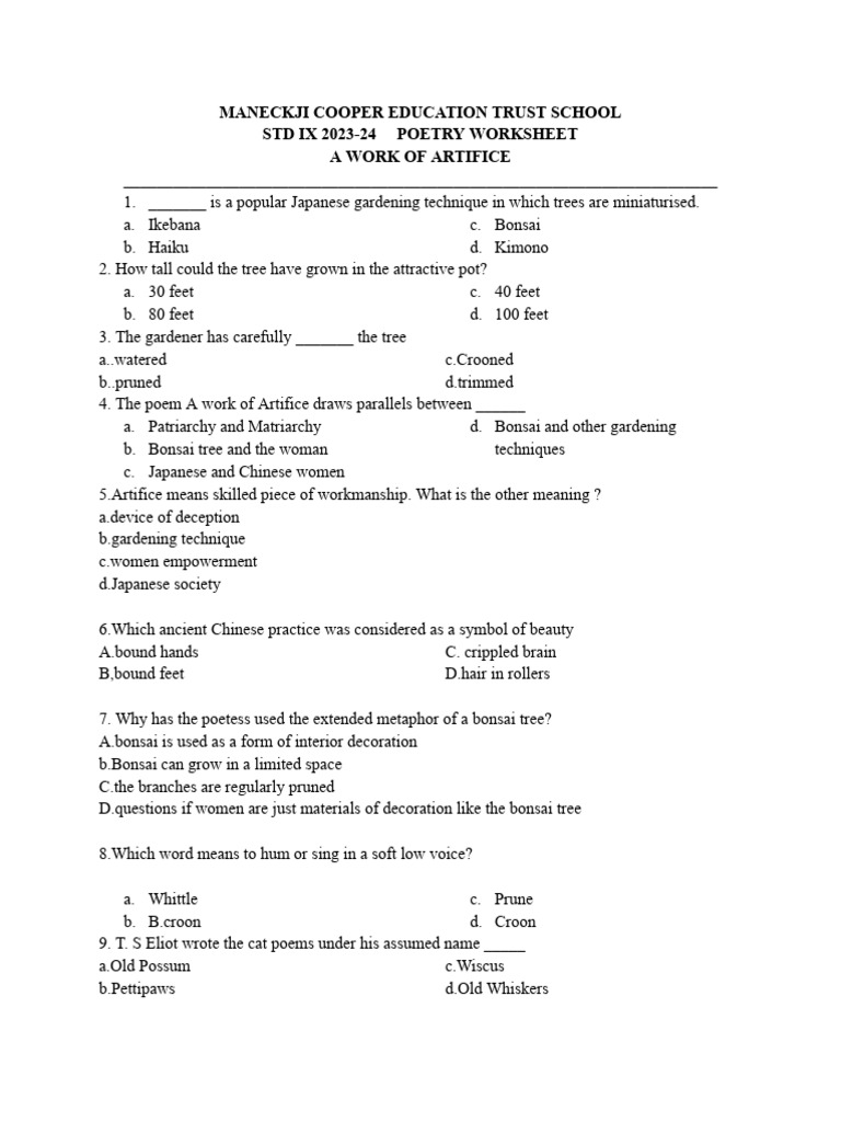 Poetry Worksheet for Std IX Students | PDF